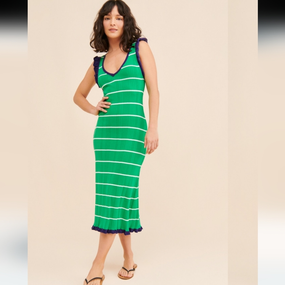 Anthropologie Daily Practice Rosie Long Green Striped‎ Midi Dress Medium